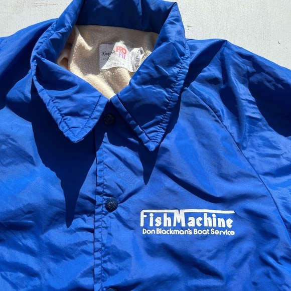 Men's Vintage Fish Machine Windbreaker Blue Logo M Nylon Button Lined USA 80s - Picture 3 of 15